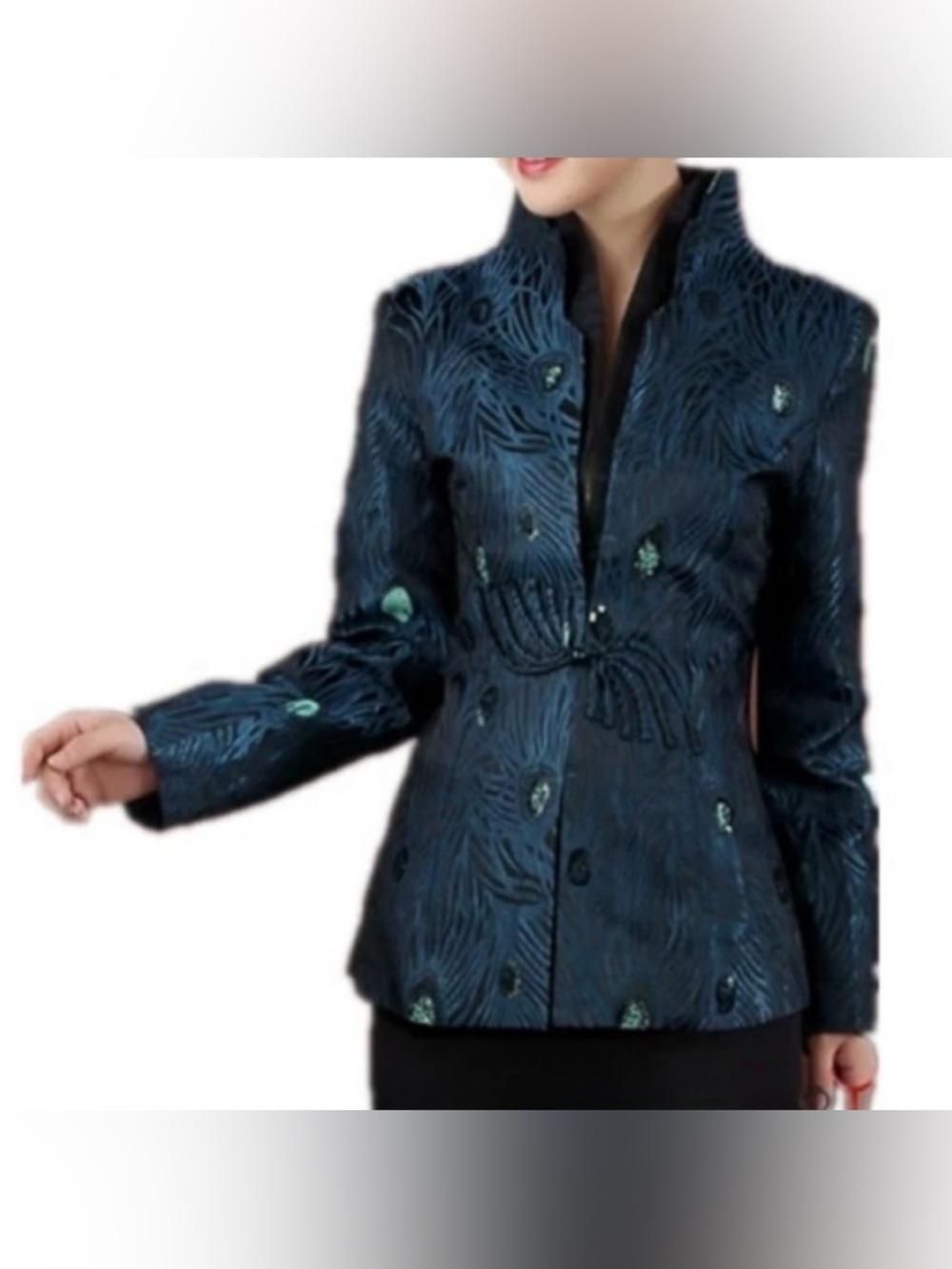 Elegant Dragon Silk Peacock Feather Women's Jacket Coat - Picture 12 of 16